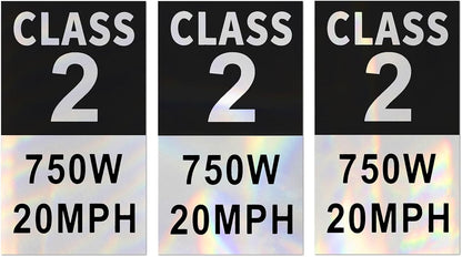 Class 2 Ebike Sticker Electric Bicycle Frame (3 Stickers a Pack) Class Identification Number Weatherproof Vinyl Removable Decals Sets - Class 2 750W 20MPH Electric Bike E-Bike
